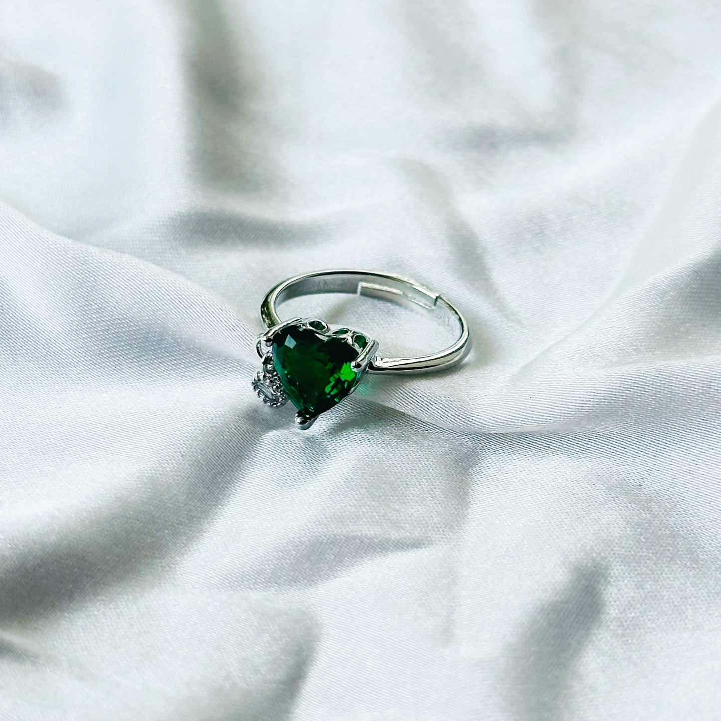 Green Emerald Cubic Zircon Stone American Diamond Silver Plated Adjustable Ring