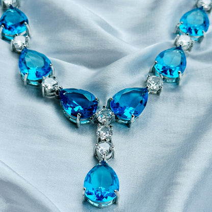 Aqua Blue Sapphire Cubic Zircon American Diamond Silver Plated Necklace Set