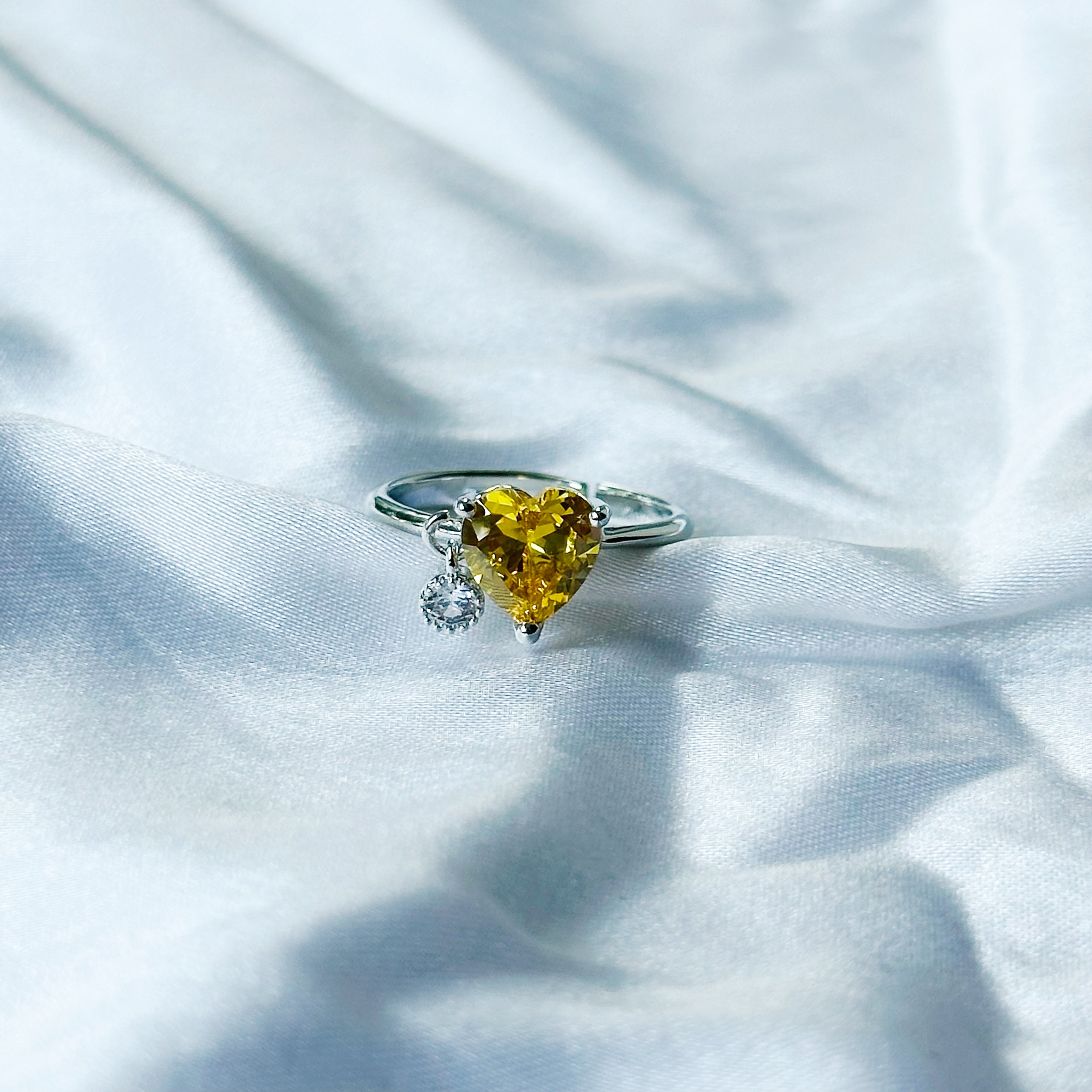 Yellow Topaz Cubic Zircon Stone American Diamond Silver Plated Adjustable Ring
