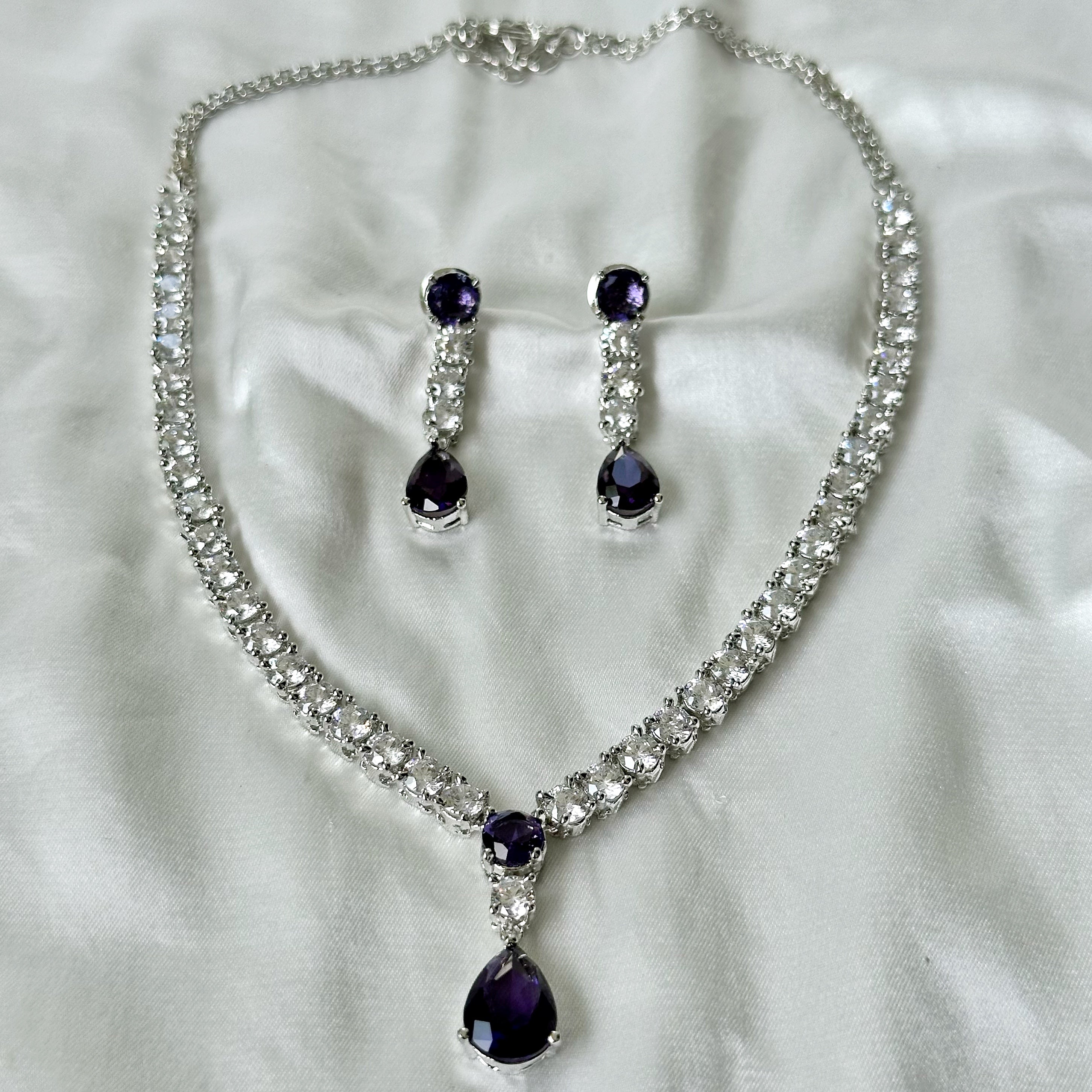 Deep Purple Amethyst Cubic Zircon American Diamond Silver Plated Necklace Set