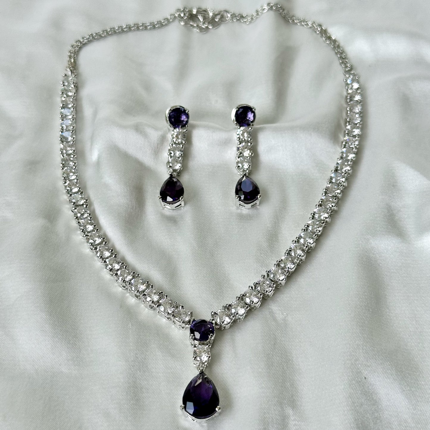 Deep Purple Amethyst Cubic Zircon American Diamond Silver Plated Necklace Set
