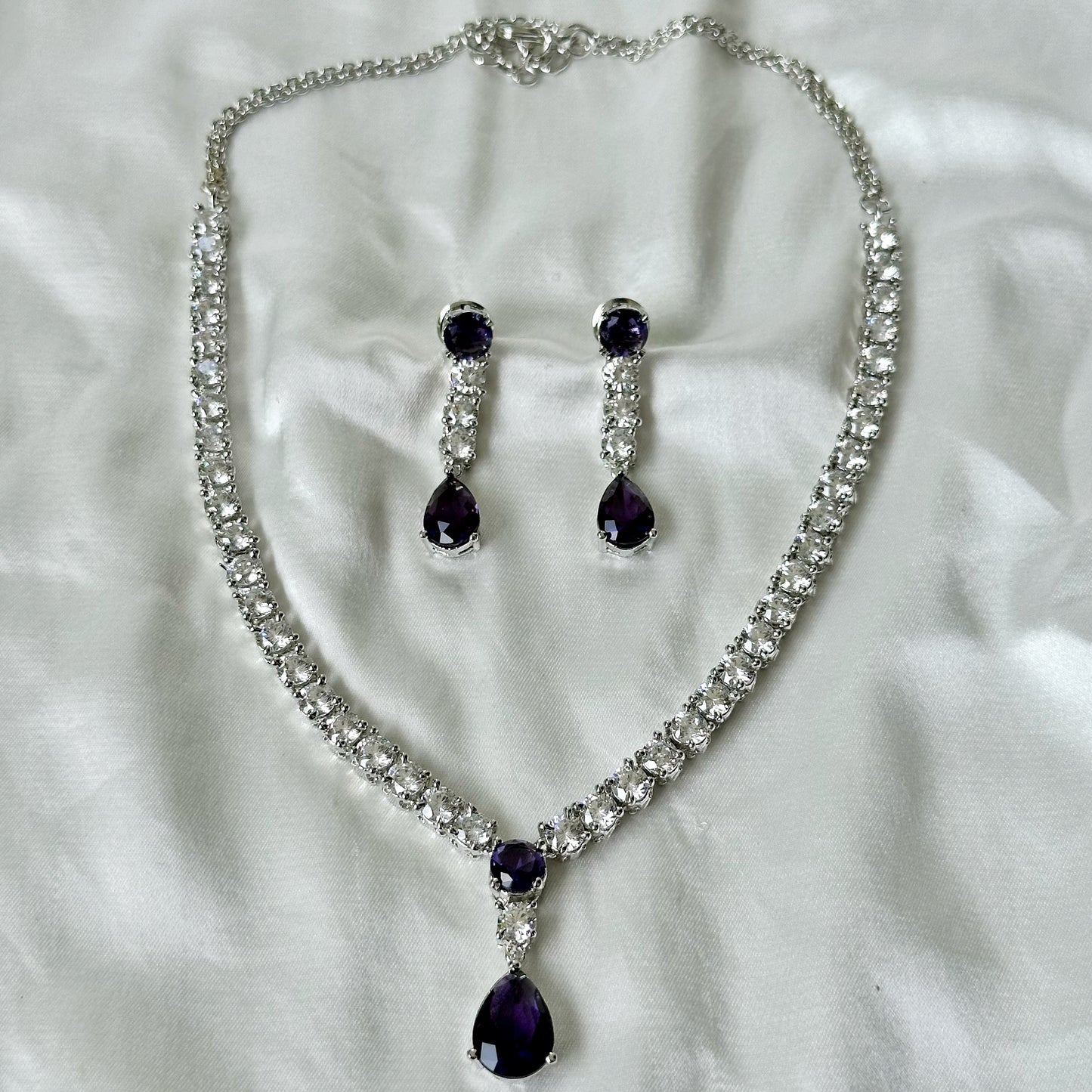 Deep Purple Amethyst Cubic Zircon American Diamond Silver Plated Necklace Set
