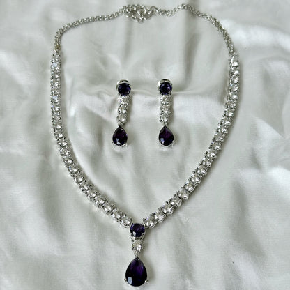 Deep Purple Amethyst Cubic Zircon American Diamond Silver Plated Necklace Set