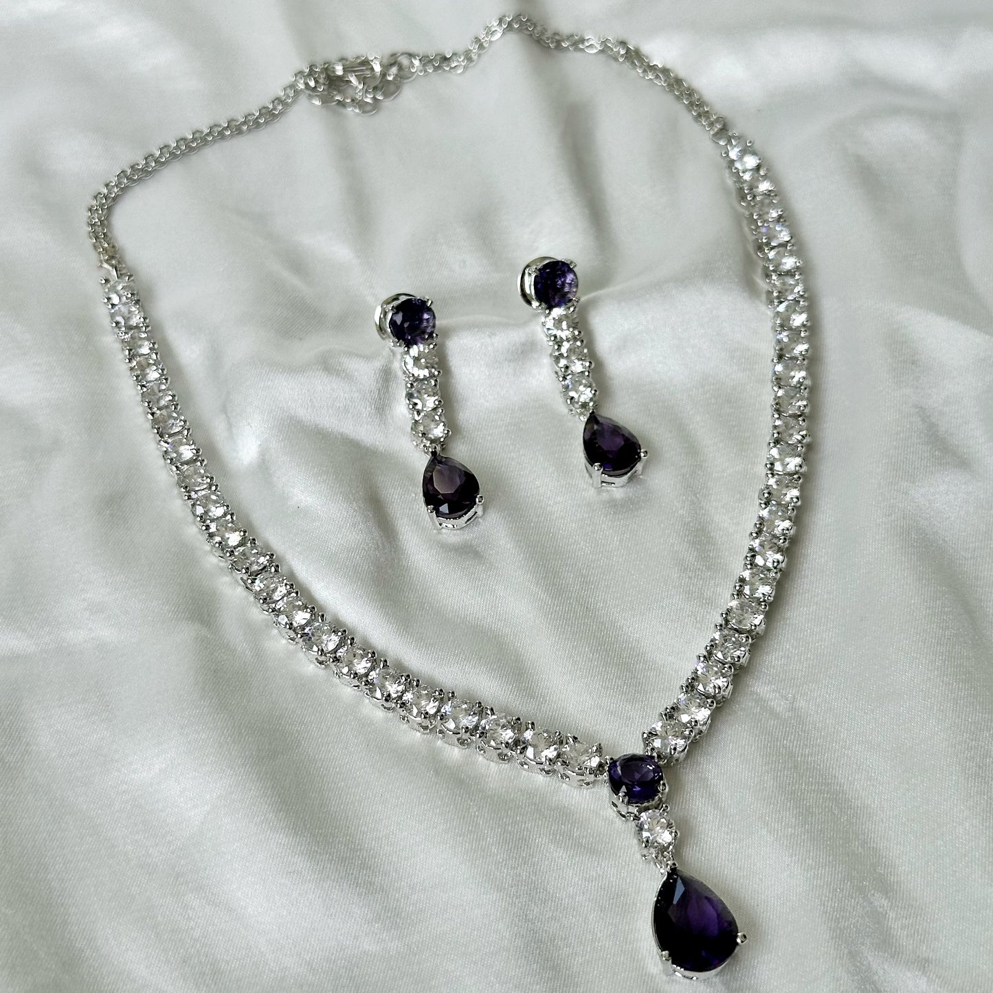 Deep Purple Amethyst Cubic Zircon American Diamond Silver Plated Necklace Set