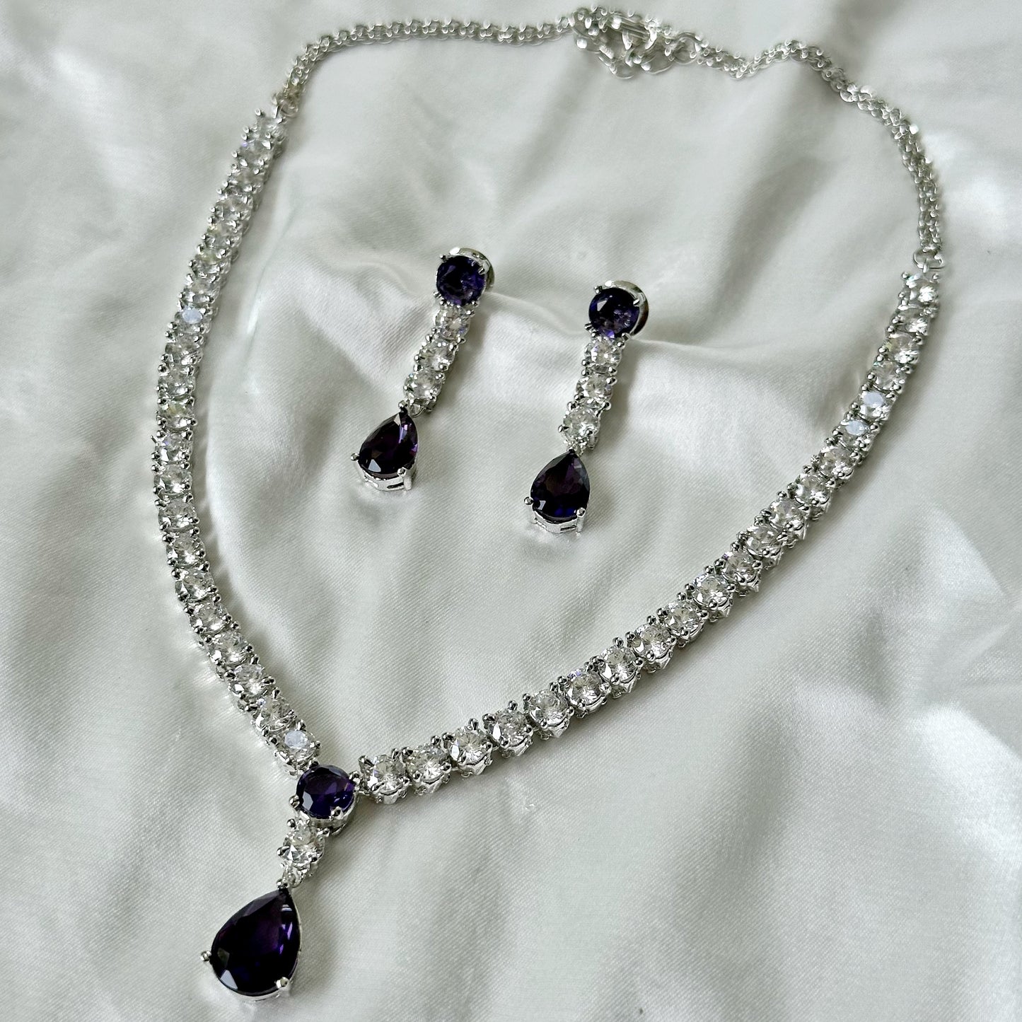Deep Purple Amethyst Cubic Zircon American Diamond Silver Plated Necklace Set