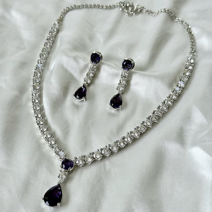 Deep Purple Amethyst Cubic Zircon American Diamond Silver Plated Necklace Set