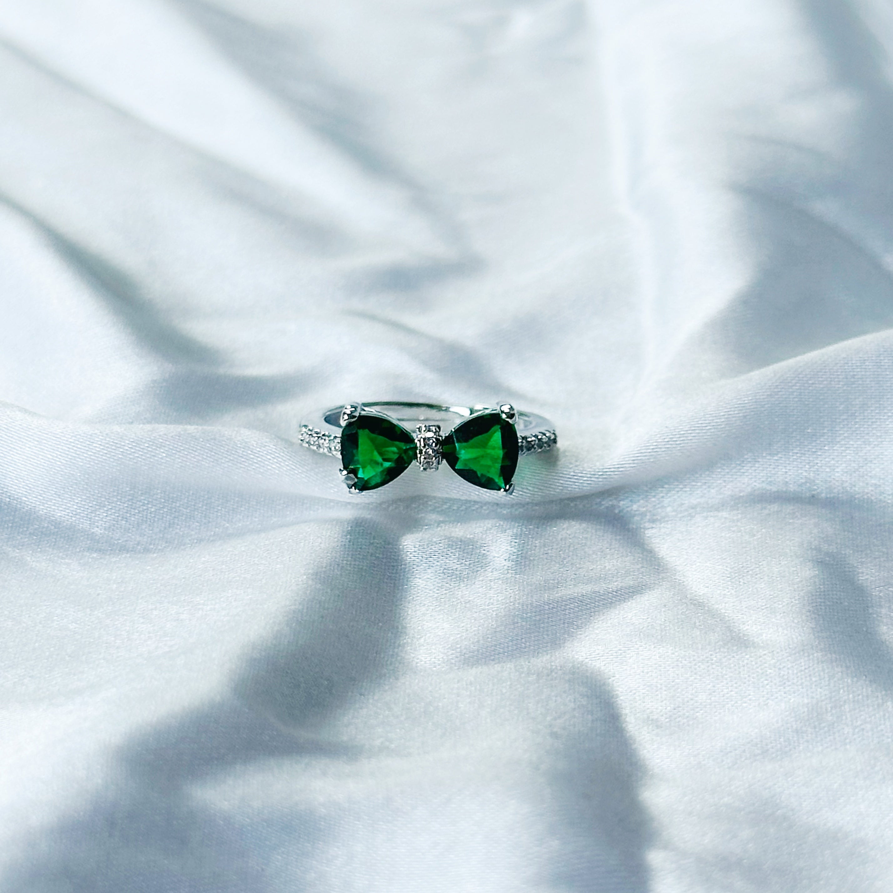 Green Emerald Cubic Zircon Stone American Diamond Silver Plated Adjustable Ring