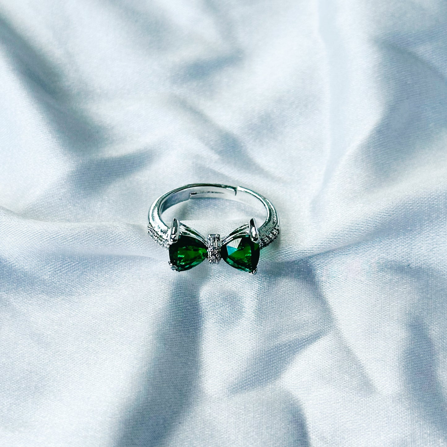 Green Emerald Cubic Zircon Stone American Diamond Silver Plated Adjustable Ring