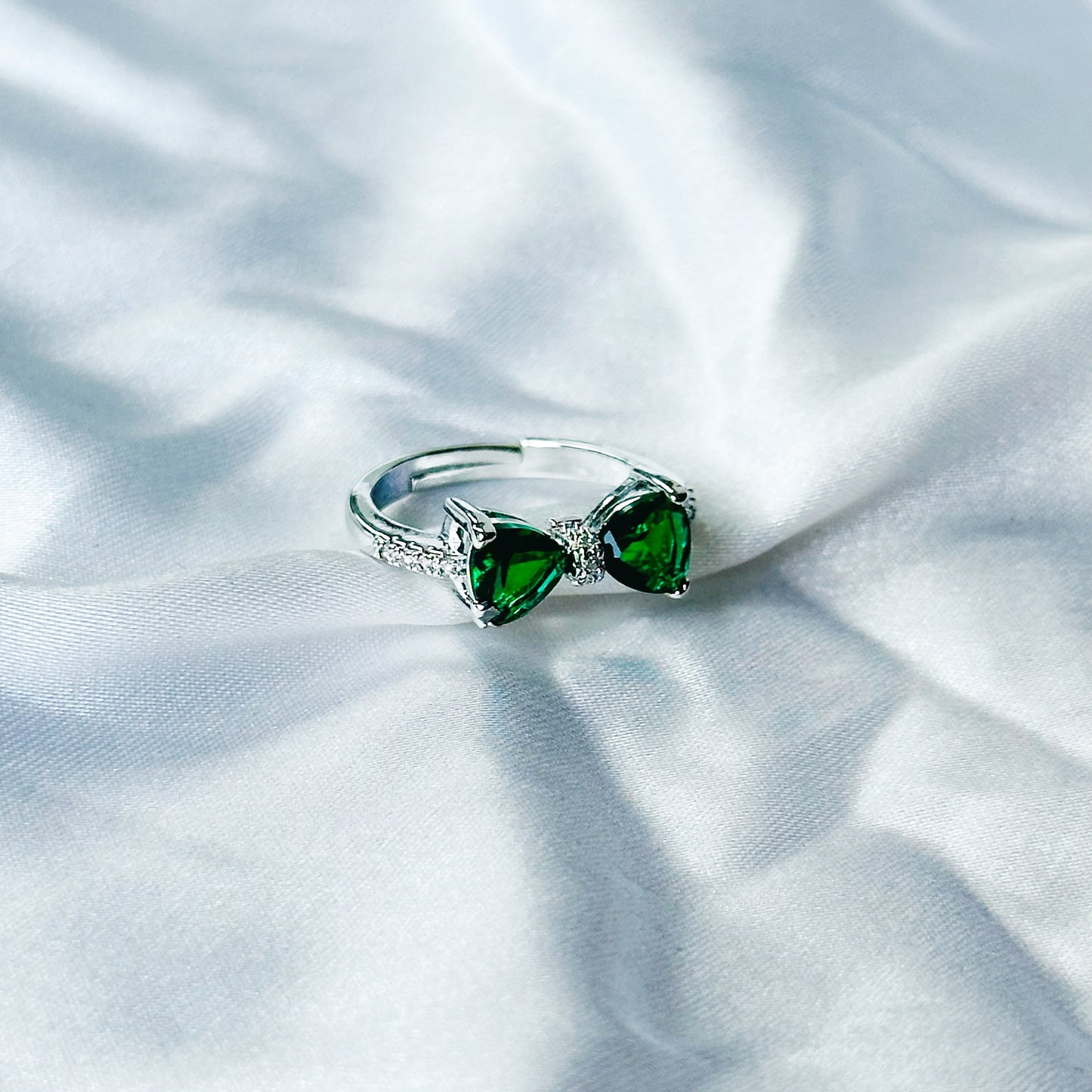 Green Emerald Cubic Zircon Stone American Diamond Silver Plated Adjustable Ring