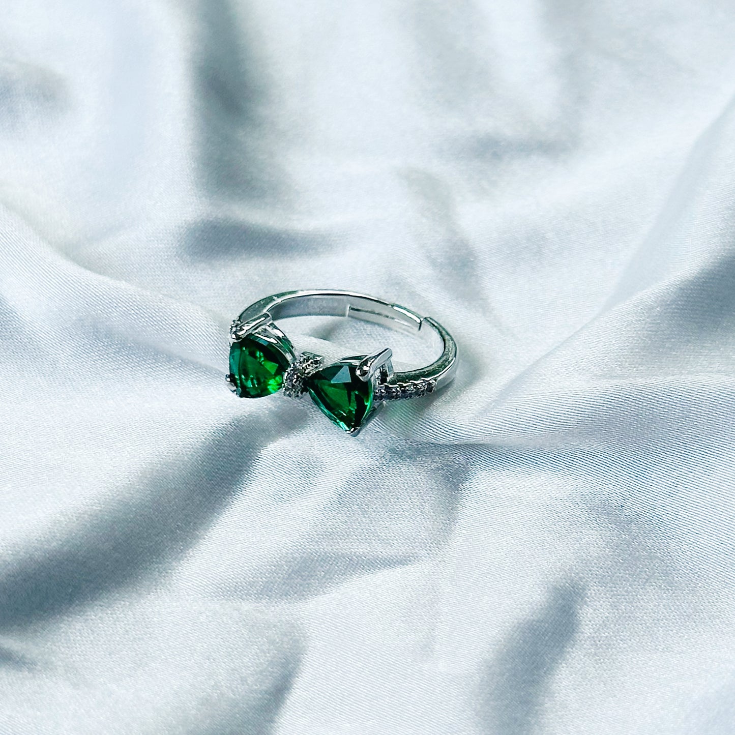 Green Emerald Cubic Zircon Stone American Diamond Silver Plated Adjustable Ring