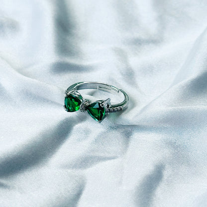Green Emerald Cubic Zircon Stone American Diamond Silver Plated Adjustable Ring