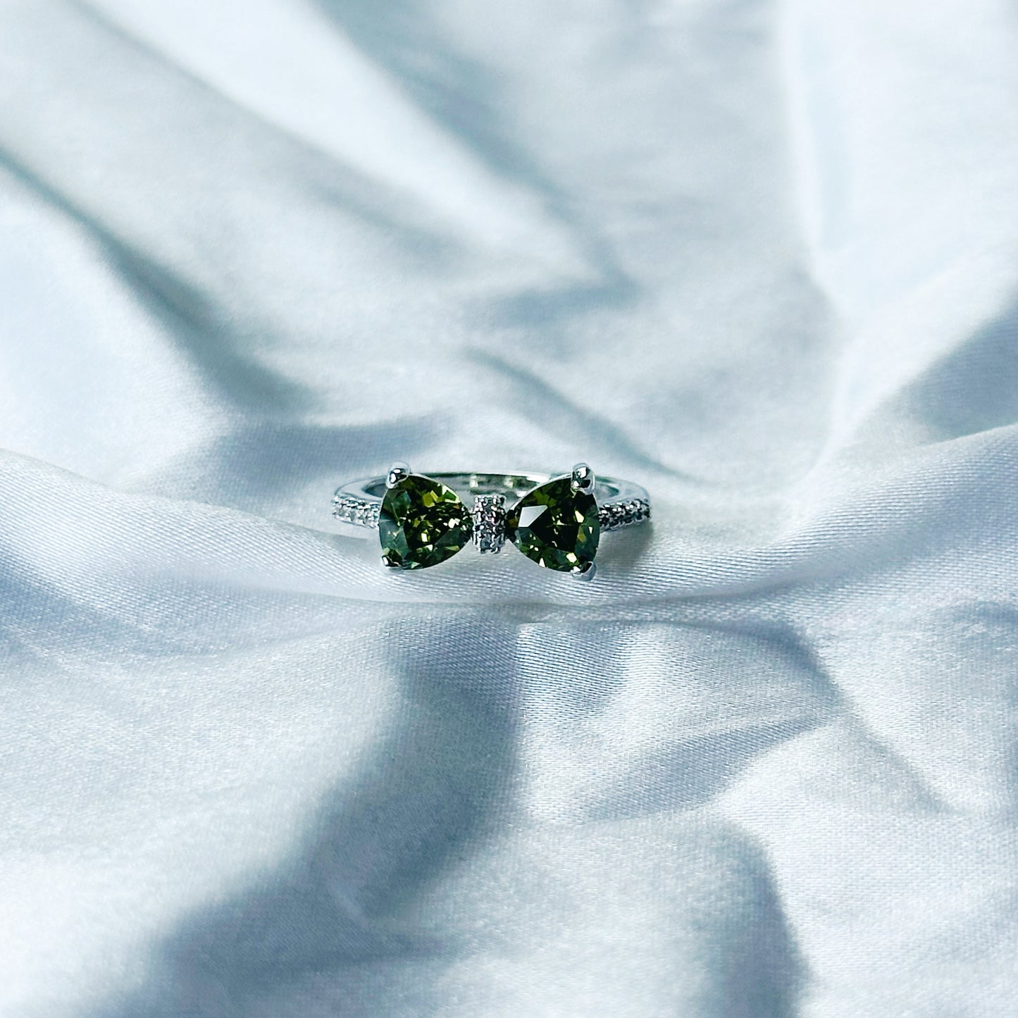 Olive Green Cubic Zircon Stone American Diamond Silver Plated Adjustable Ring