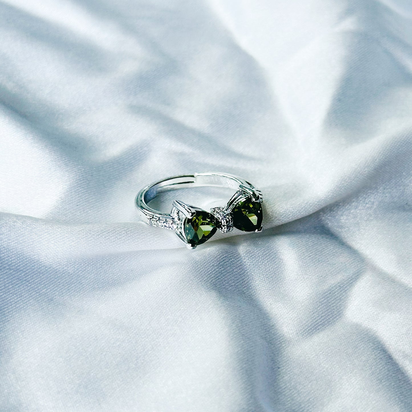 Olive Green Cubic Zircon Stone American Diamond Silver Plated Adjustable Ring