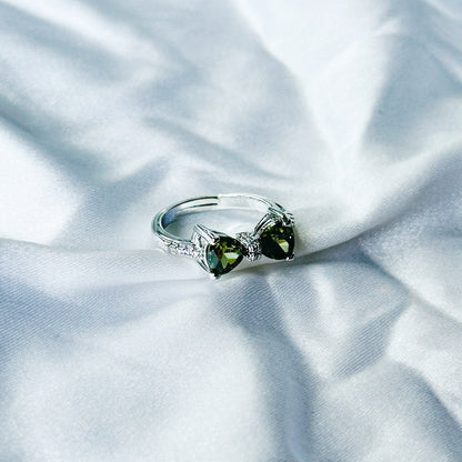 Olive Green Cubic Zircon Stone American Diamond Silver Plated Adjustable Ring