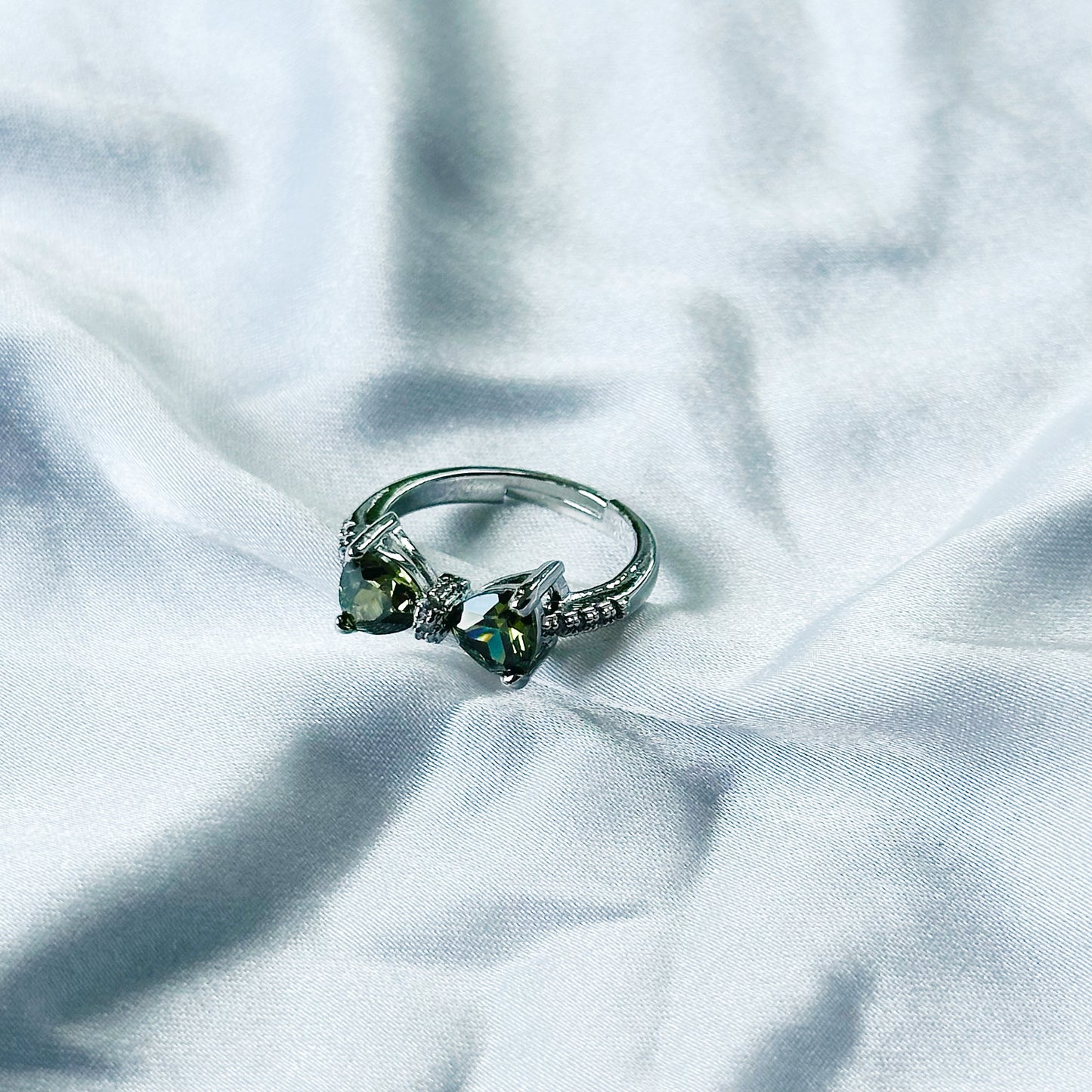 Olive Green Cubic Zircon Stone American Diamond Silver Plated Adjustable Ring