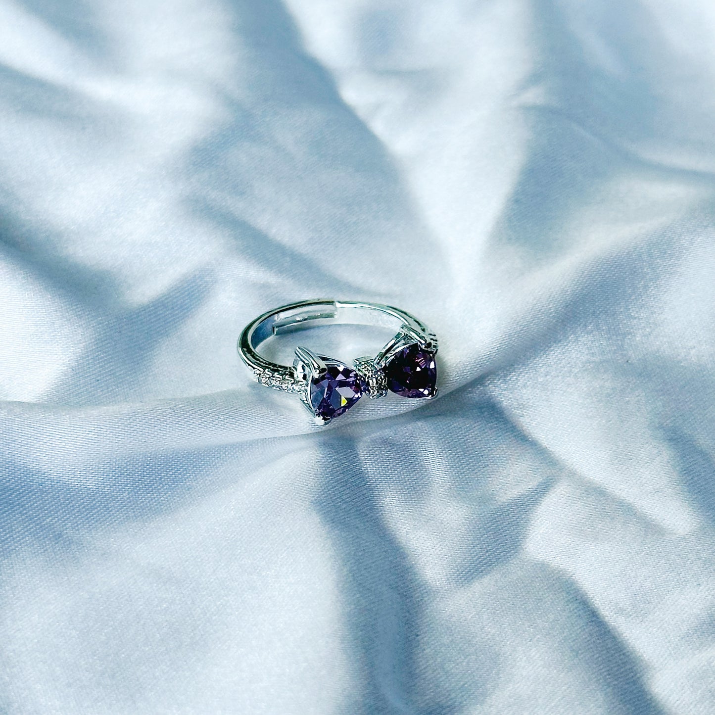 Light Purple Amethyst Cubic Zircon Stone American Diamond Silver Plated Adjustable Ring