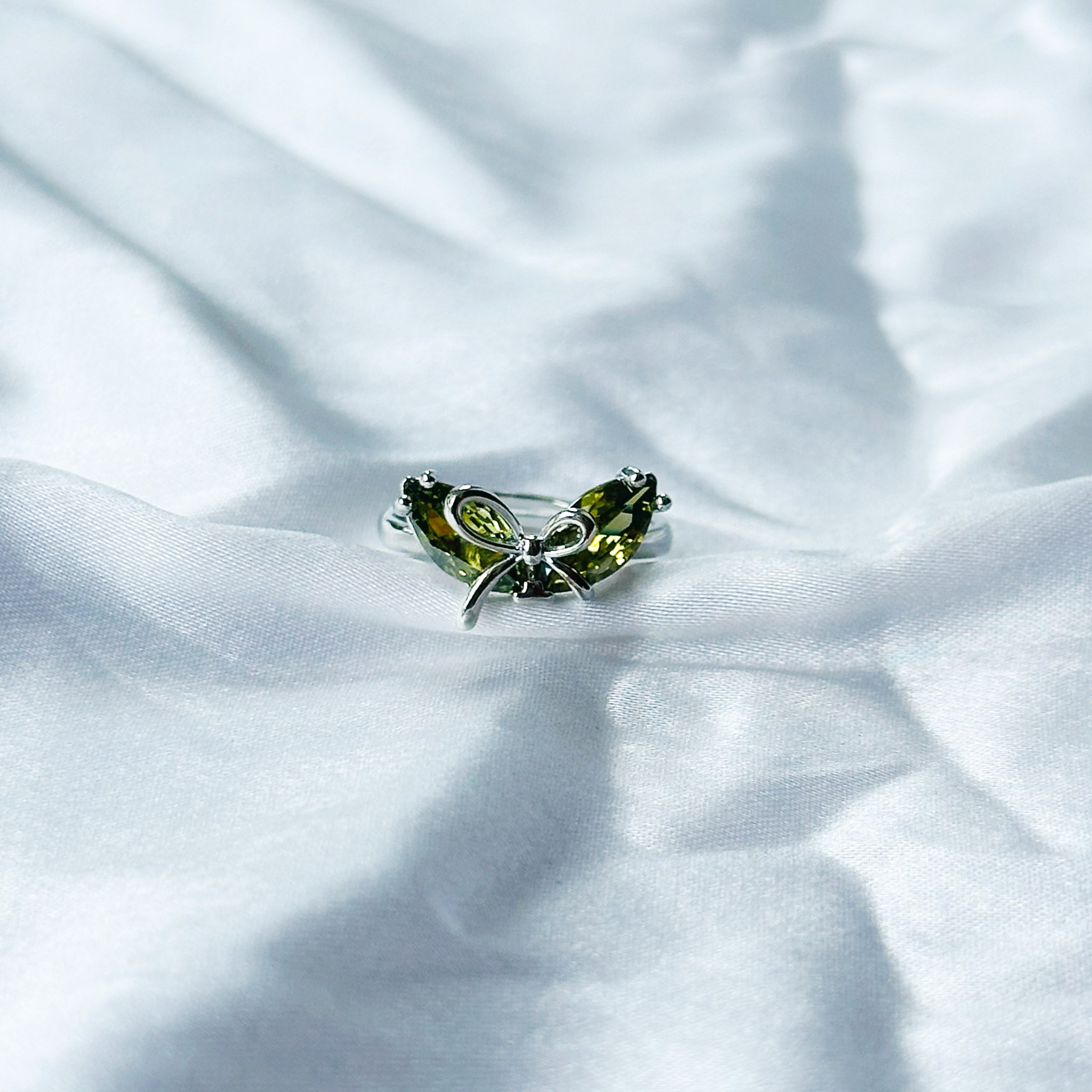 Olive Green Cubic Zircon Stone American Diamond Silver Plated Adjustable Ring