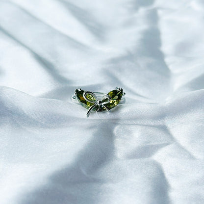 Olive Green Cubic Zircon Stone American Diamond Silver Plated Adjustable Ring