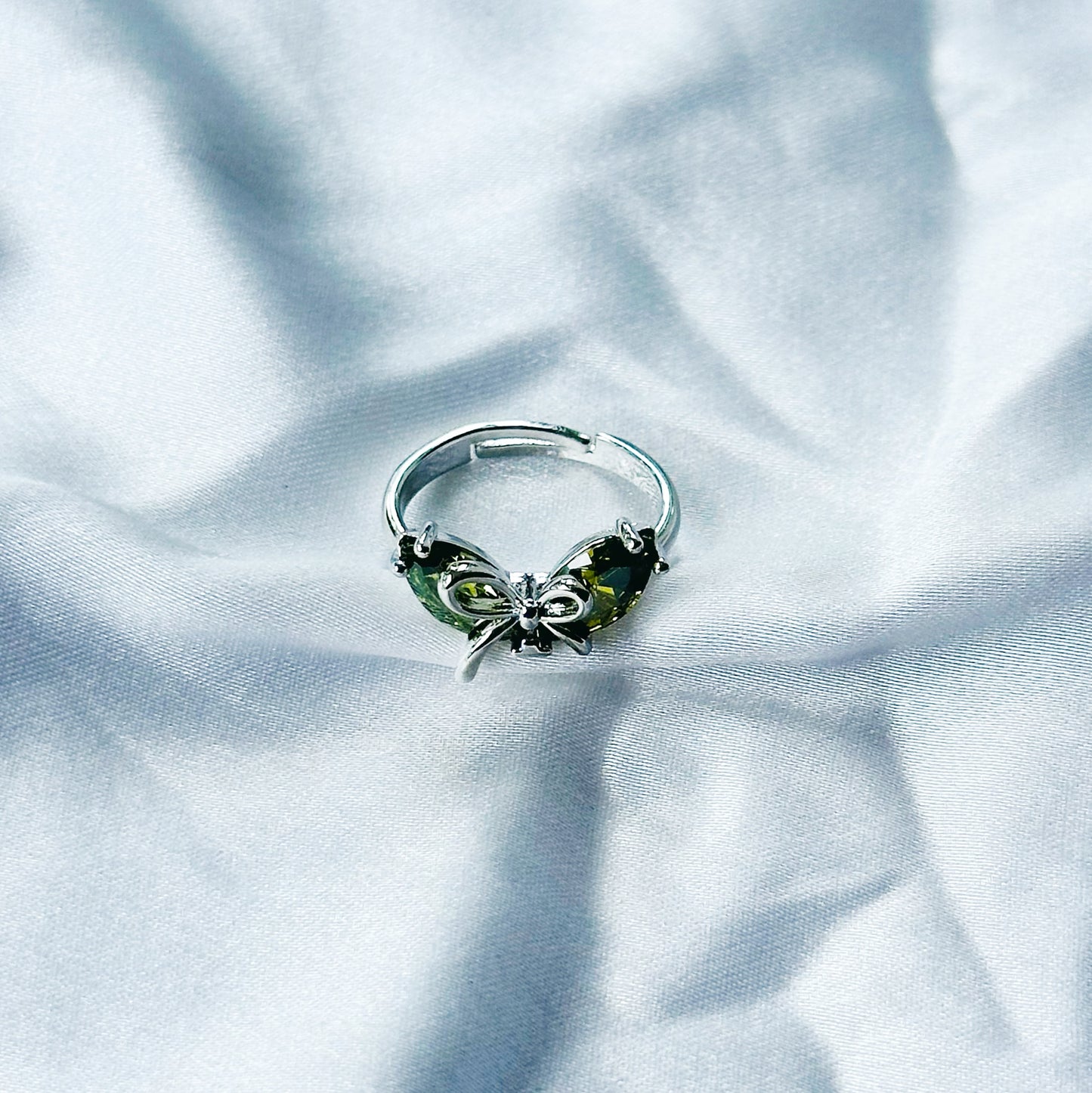 Olive Green Cubic Zircon Stone American Diamond Silver Plated Adjustable Ring
