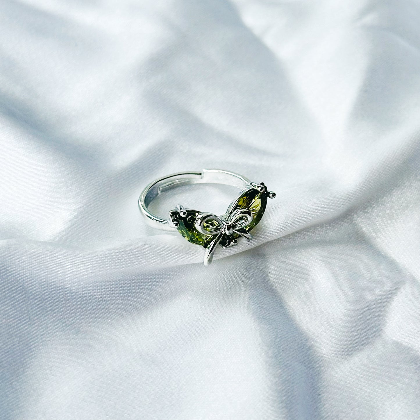 Olive Green Cubic Zircon Stone American Diamond Silver Plated Adjustable Ring
