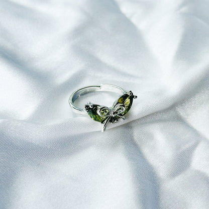Olive Green Cubic Zircon Stone American Diamond Silver Plated Adjustable Ring