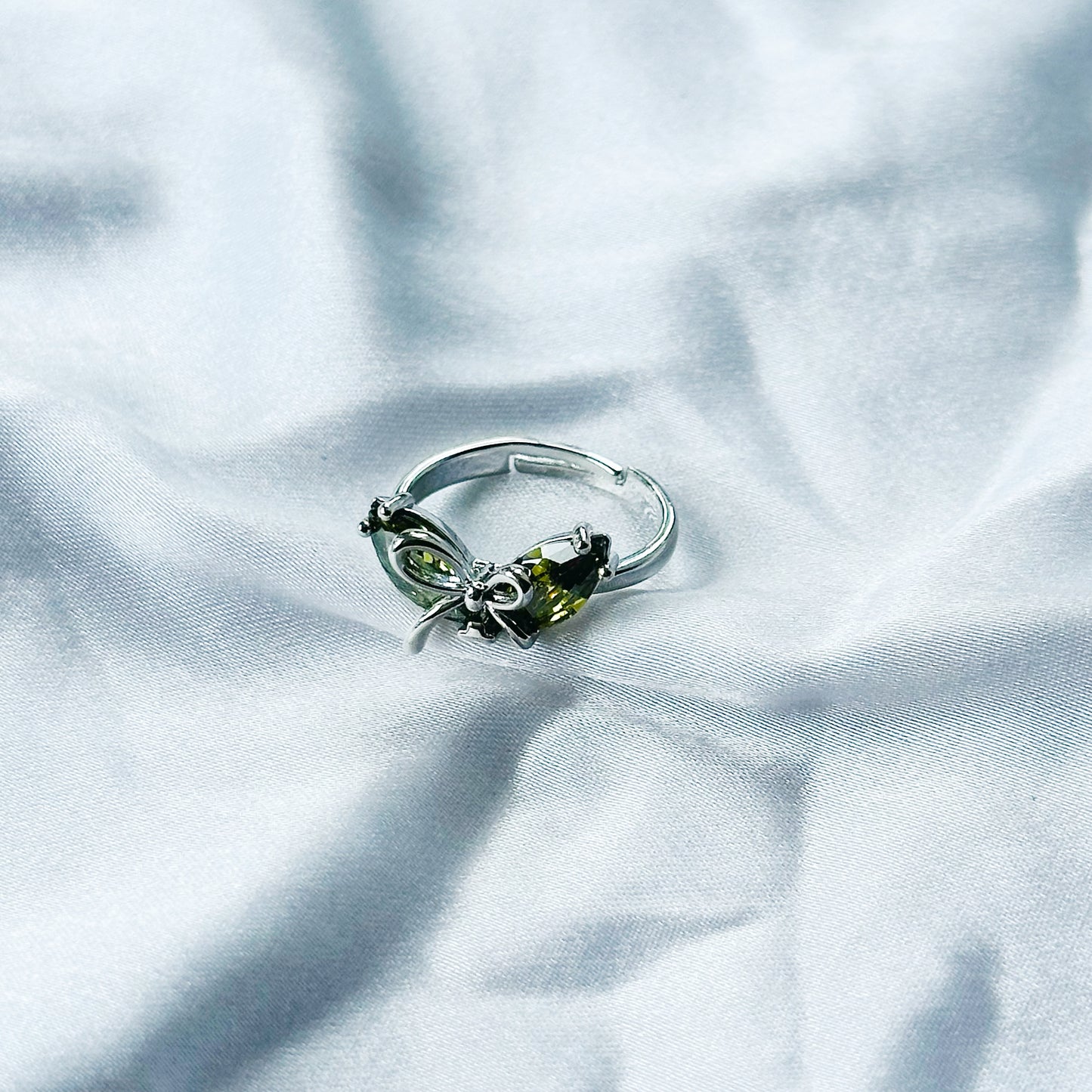 Olive Green Cubic Zircon Stone American Diamond Silver Plated Adjustable Ring