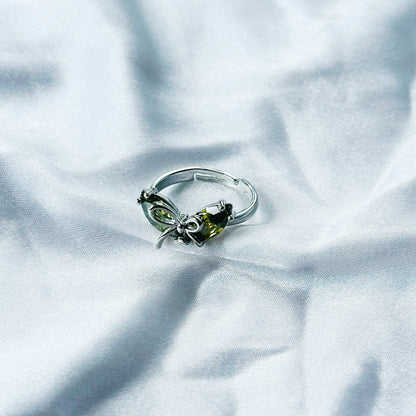 Olive Green Cubic Zircon Stone American Diamond Silver Plated Adjustable Ring