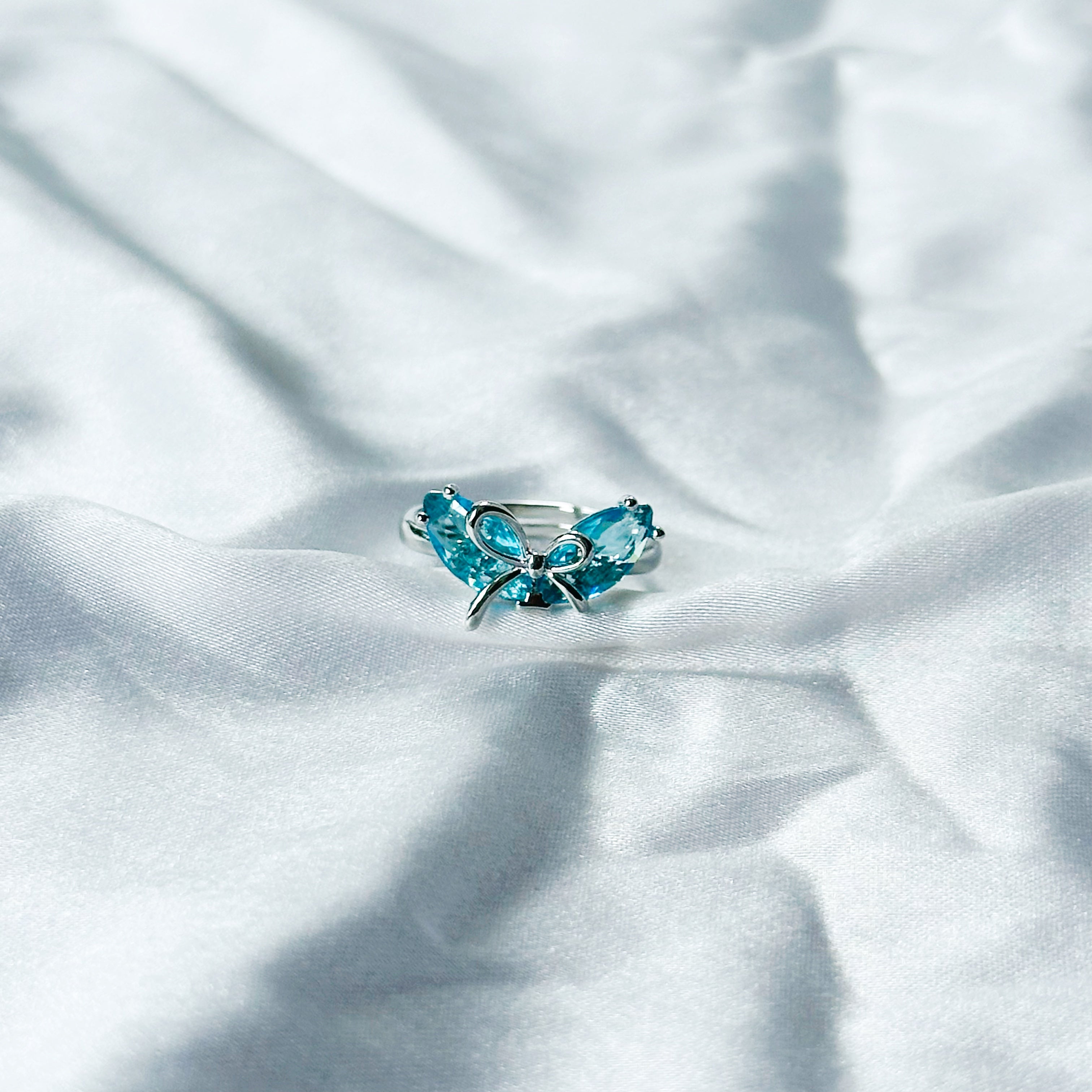 Aqua Blue Sapphire Cubic Zircon Stone American Diamond Silver Plated Adjustable Ring