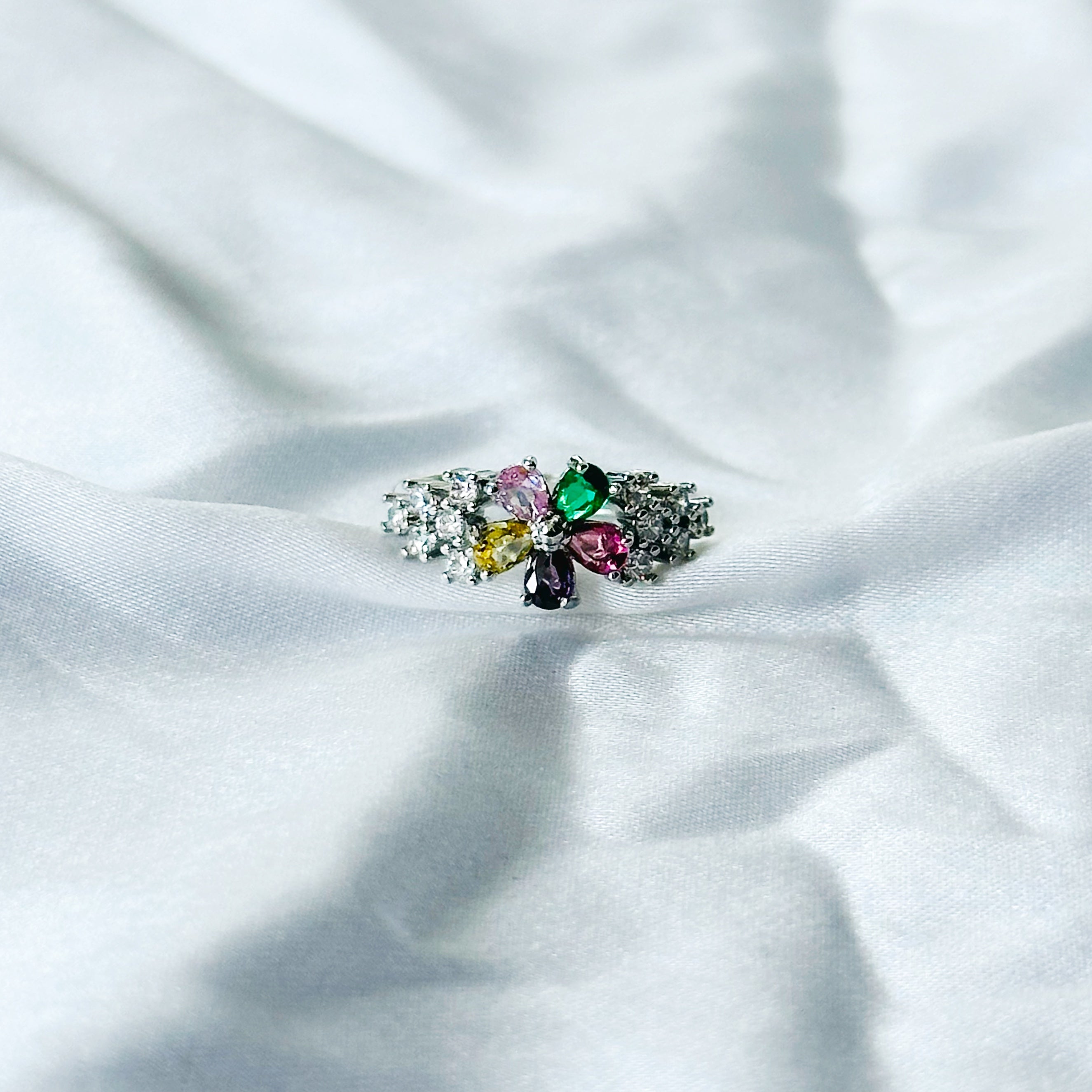 Multi Cubic Zircon Stone American Diamond Silver Plated Adjustable Ring