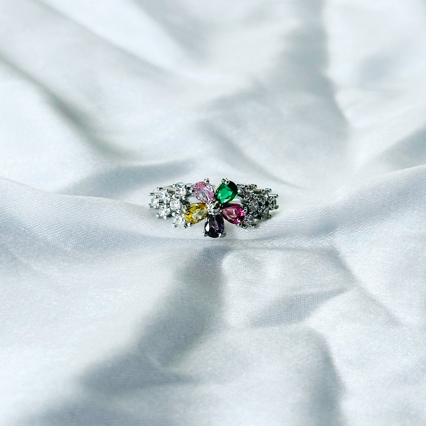 Multi Cubic Zircon Stone American Diamond Silver Plated Adjustable Ring
