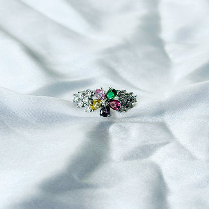 Multi Cubic Zircon Stone American Diamond Silver Plated Adjustable Ring