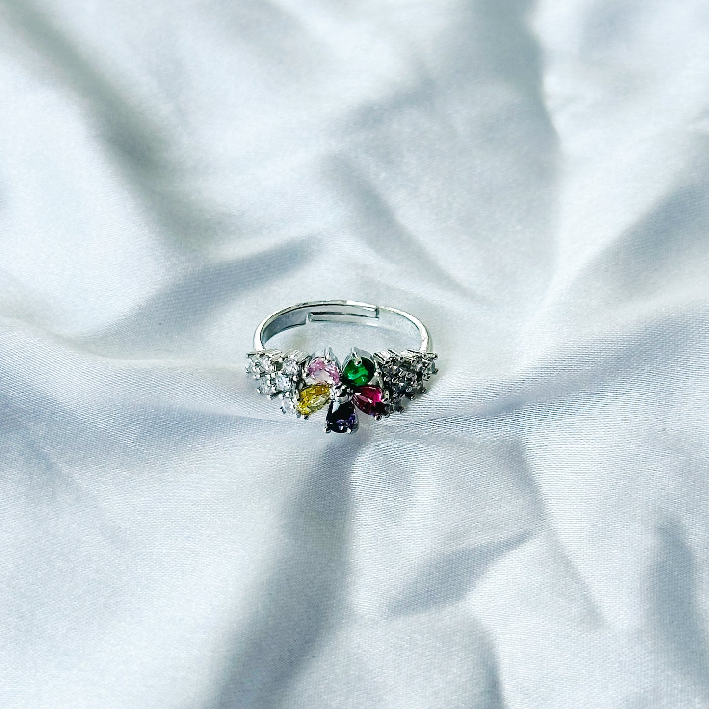 Multi Cubic Zircon Stone American Diamond Silver Plated Adjustable Ring