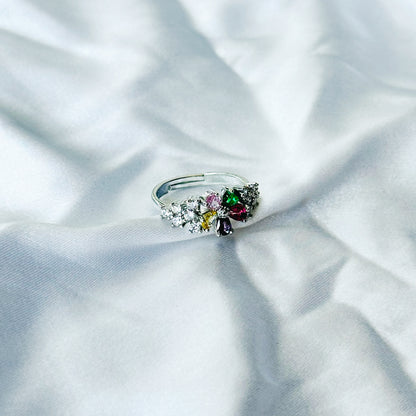 Multi Cubic Zircon Stone American Diamond Silver Plated Adjustable Ring