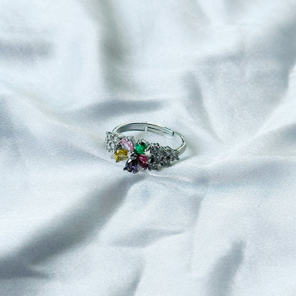 Multi Cubic Zircon Stone American Diamond Silver Plated Adjustable Ring