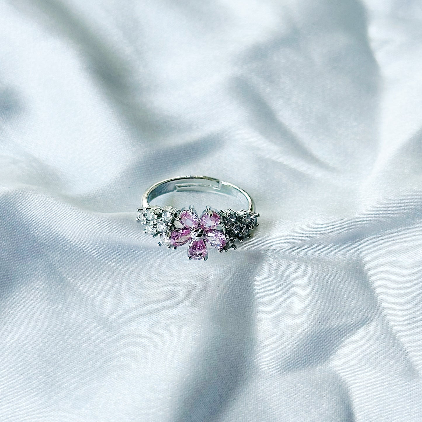 Pink Topaz Cubic Zircon American Diamond Silver Plated Adjustable Ring
