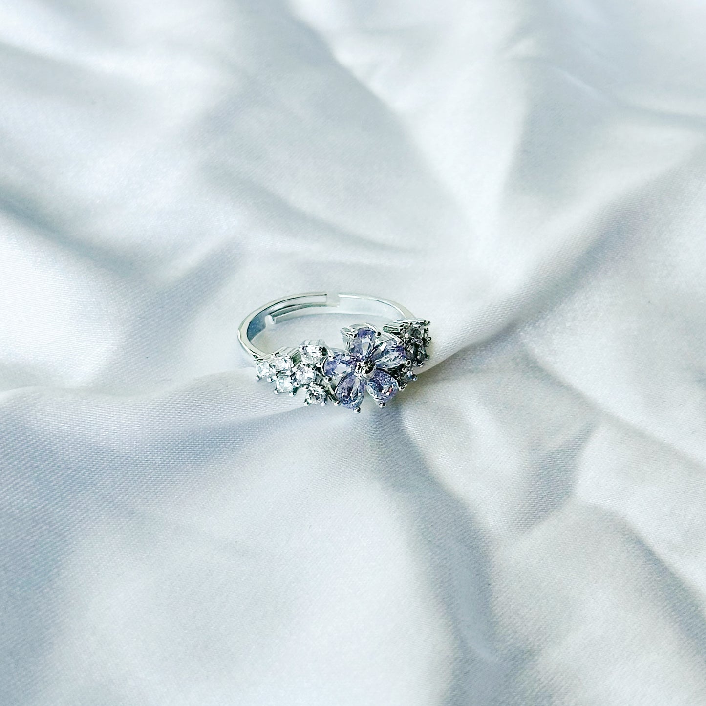 Light Purple Amethyst Cubic Zircon Stone American Diamond Silver Plated Adjustable Ring