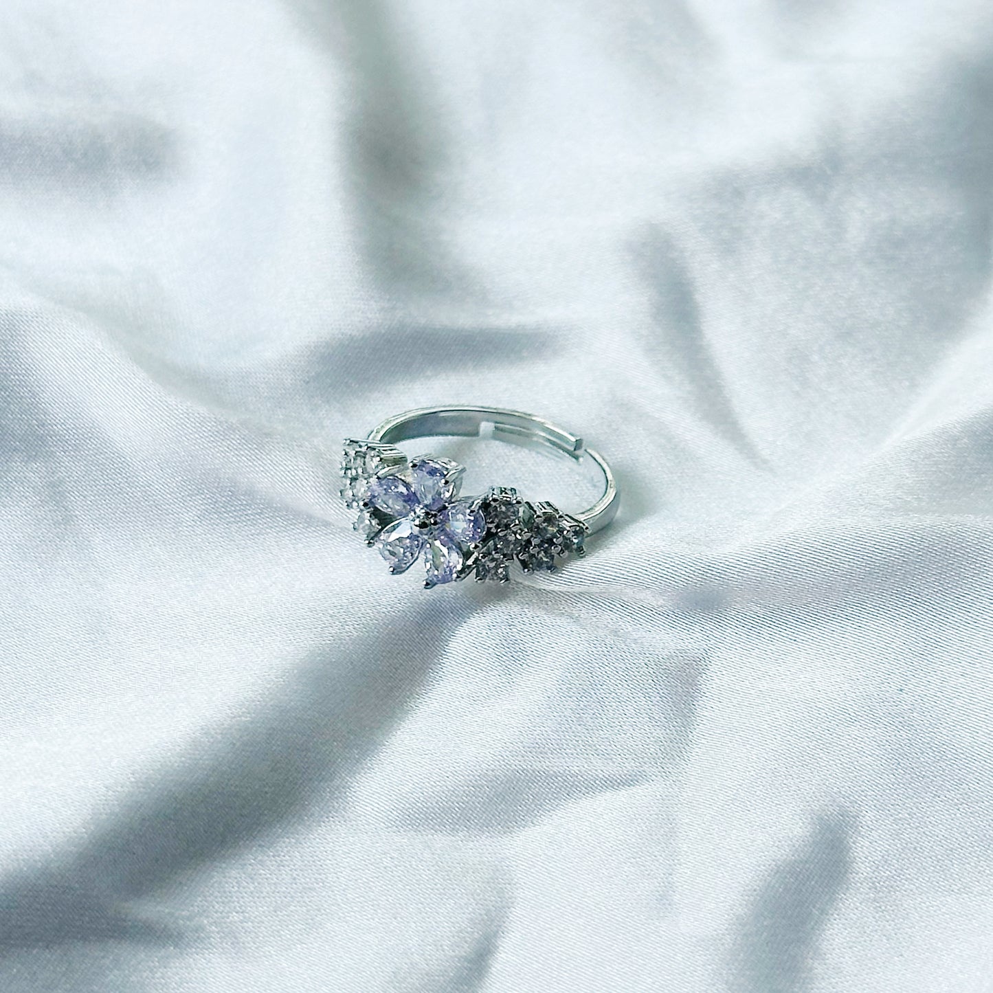 Light Purple Amethyst Cubic Zircon Stone American Diamond Silver Plated Adjustable Ring