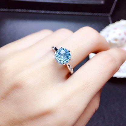 Aqua Blue Sapphire Cubic Zircon Ice Cut American Diamond Silver Plated Adjustable Ring