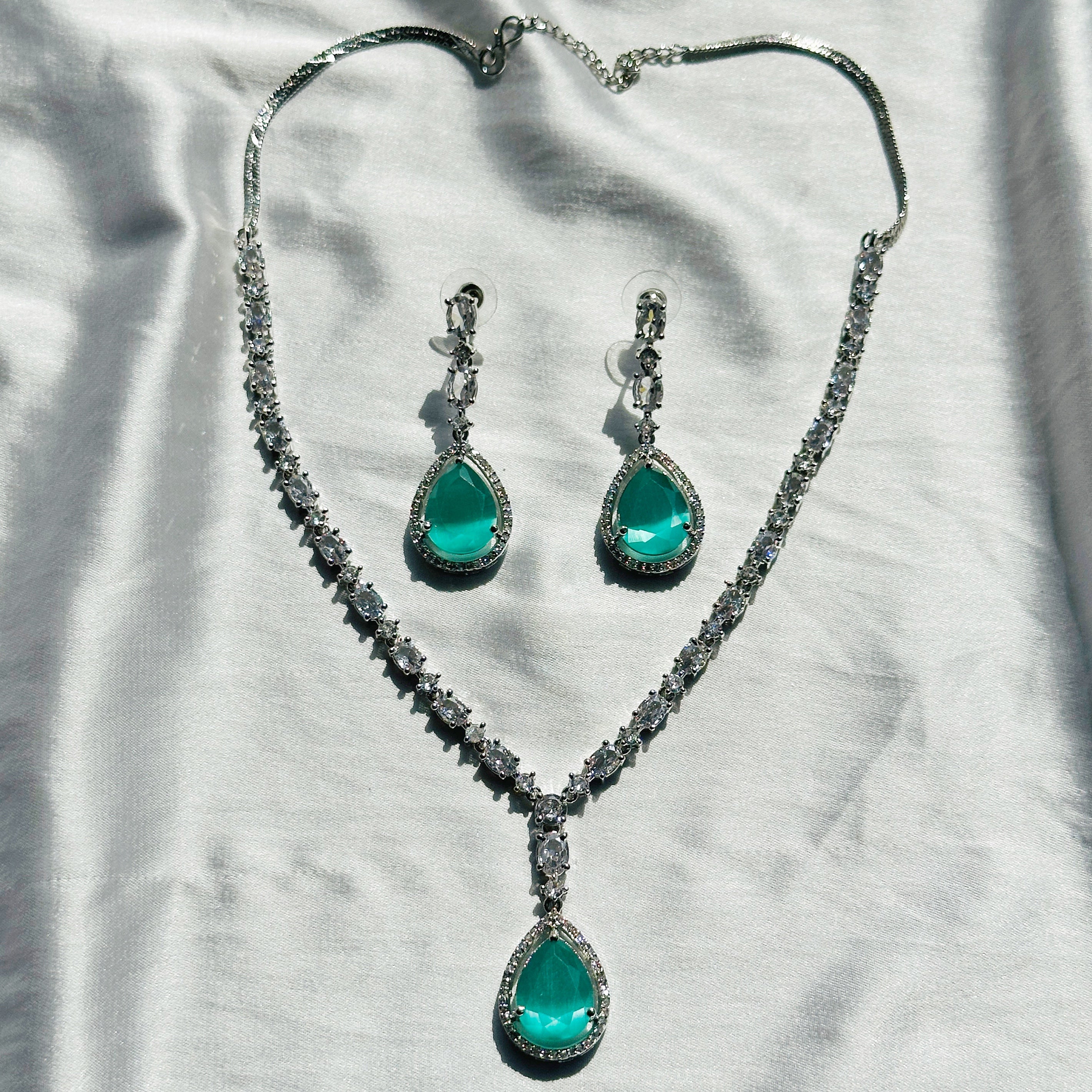 Mint Green Topaz Zircon Stone American Diamond Silver Plated Necklace Set