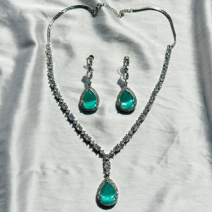 Mint Green Topaz Zircon Stone American Diamond Silver Plated Necklace Set