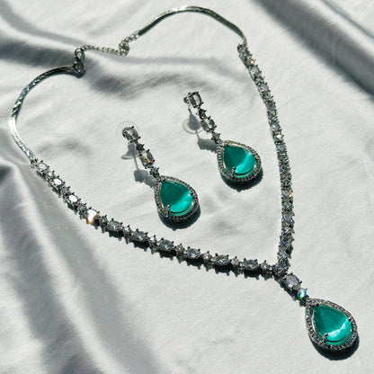 Mint Green Topaz Zircon Stone American Diamond Silver Plated Necklace Set