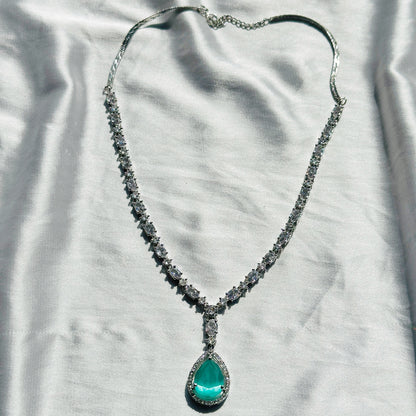 Mint Green Topaz Zircon Stone American Diamond Silver Plated Necklace Set