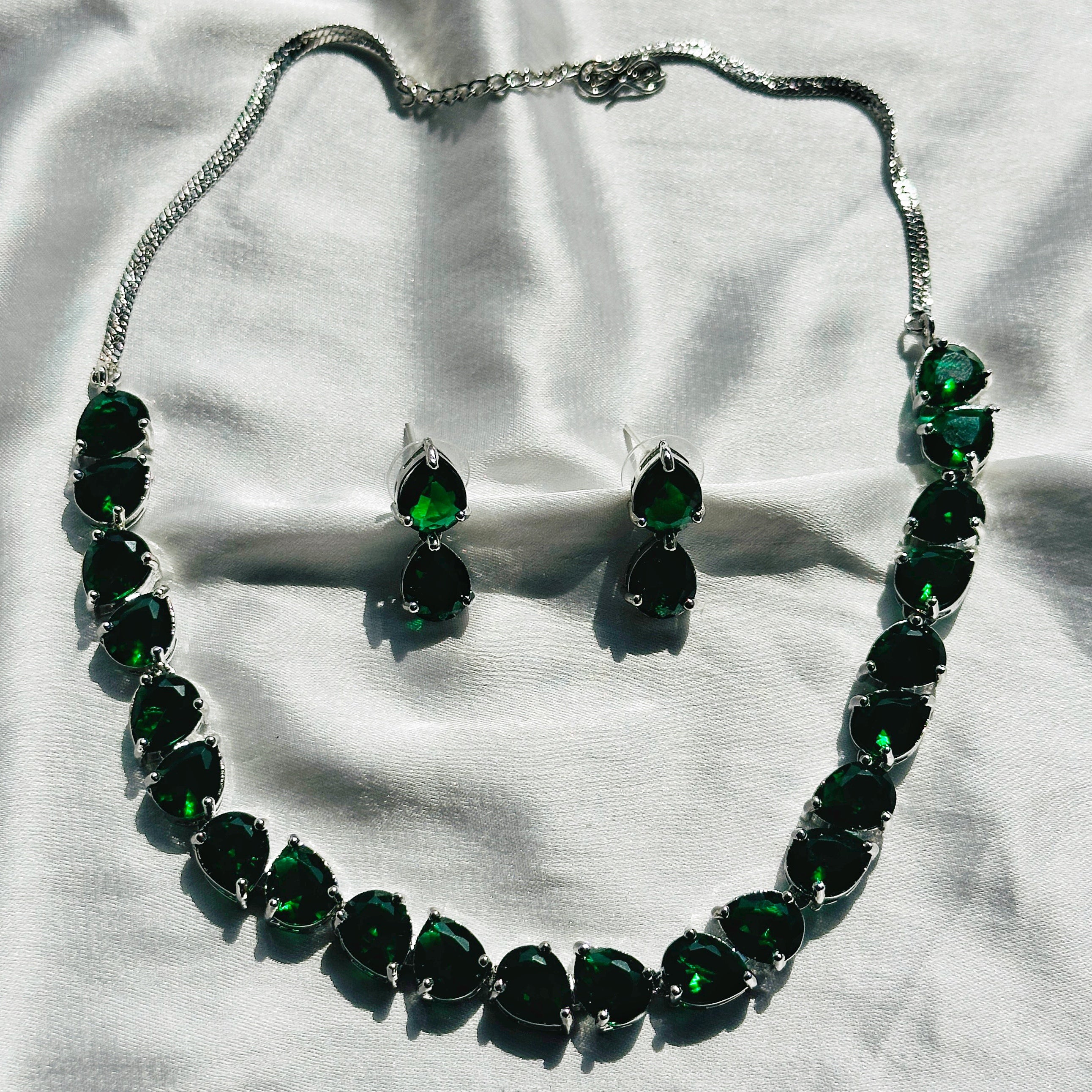 Green Emerald Cubic Zircon Stones Stones Silver Plated Necklace Set