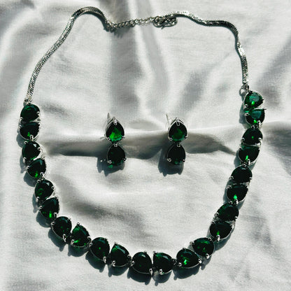Green Emerald Cubic Zircon Stones Stones Silver Plated Necklace Set