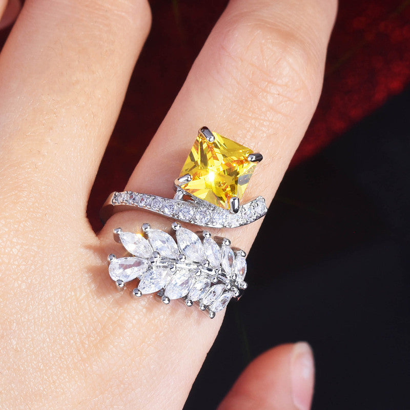 Yellow Topaz Cubic Zircon American Diamond Silver Plated Adjustable Ring