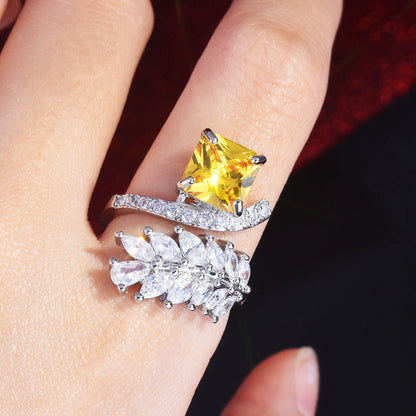 Yellow Topaz Cubic Zircon American Diamond Silver Plated Adjustable Ring