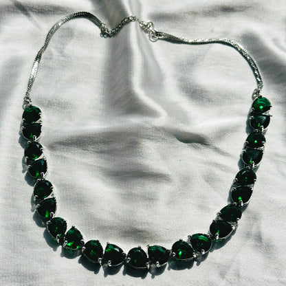 Green Emerald Cubic Zircon Stones Stones Silver Plated Necklace Set