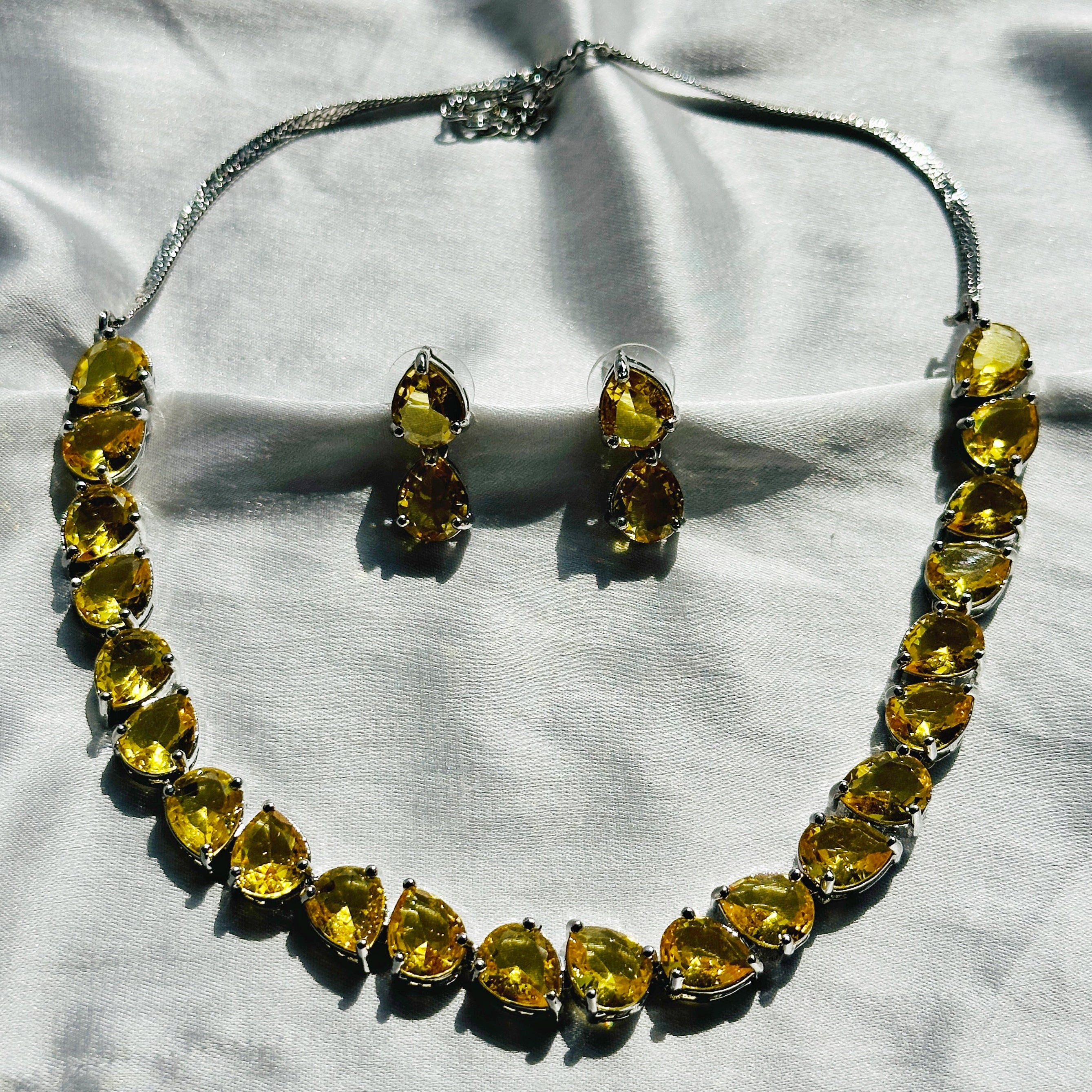 Yellow Topaz Cubic Zircon Stones Silver Plated Necklace Set