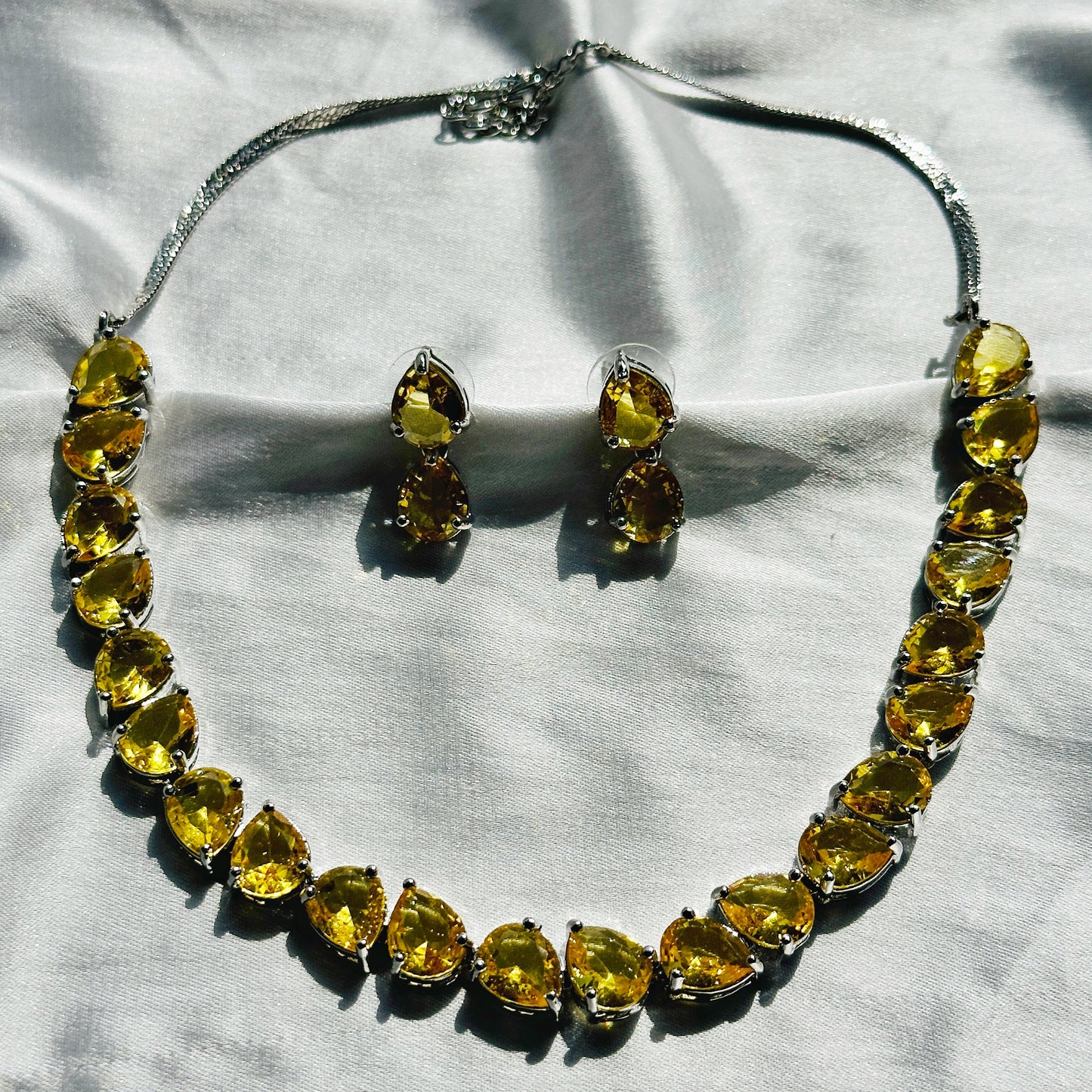 Yellow Topaz Cubic Zircon Stones Silver Plated Necklace Set