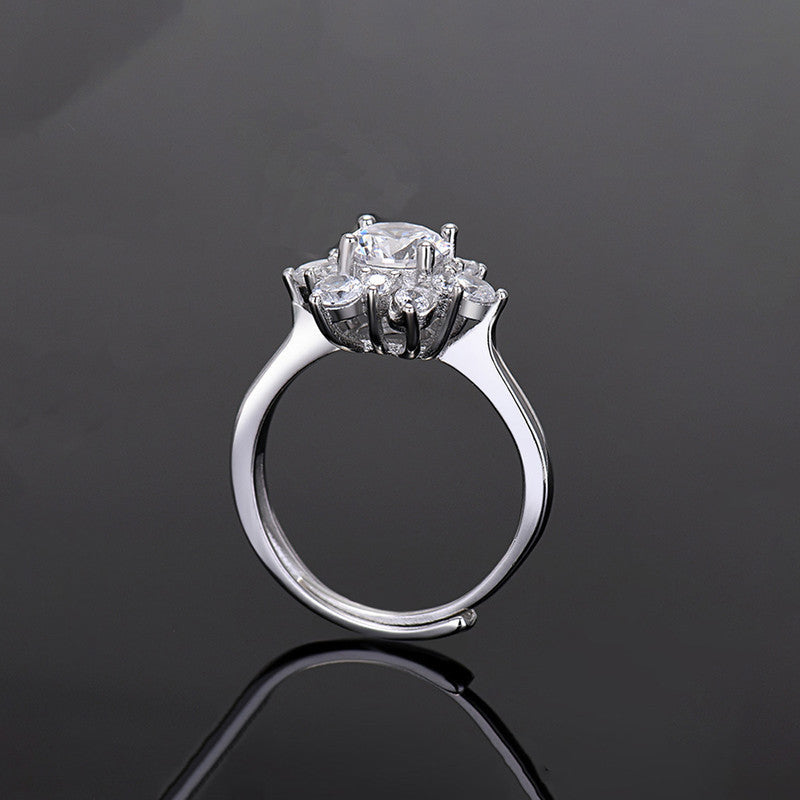 Solitaire Cubic Zircon Crushed Ice Cut Stone American Diamond Silver Plated Adjustable Ring
